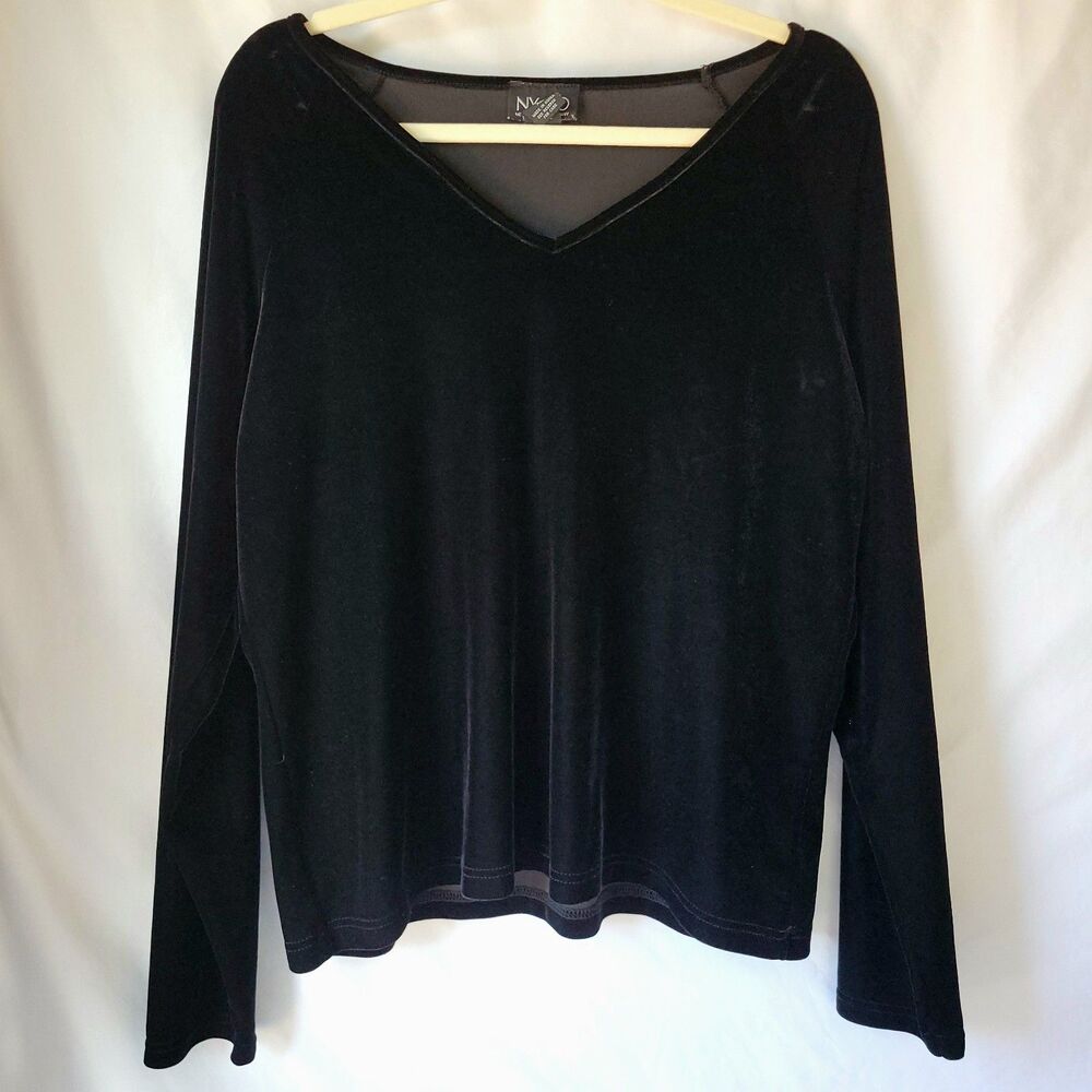 Vtg 90s Y2K Top Velvet Long Sleeve NY&CO Black Whimsigoth Witchy Going Out XL